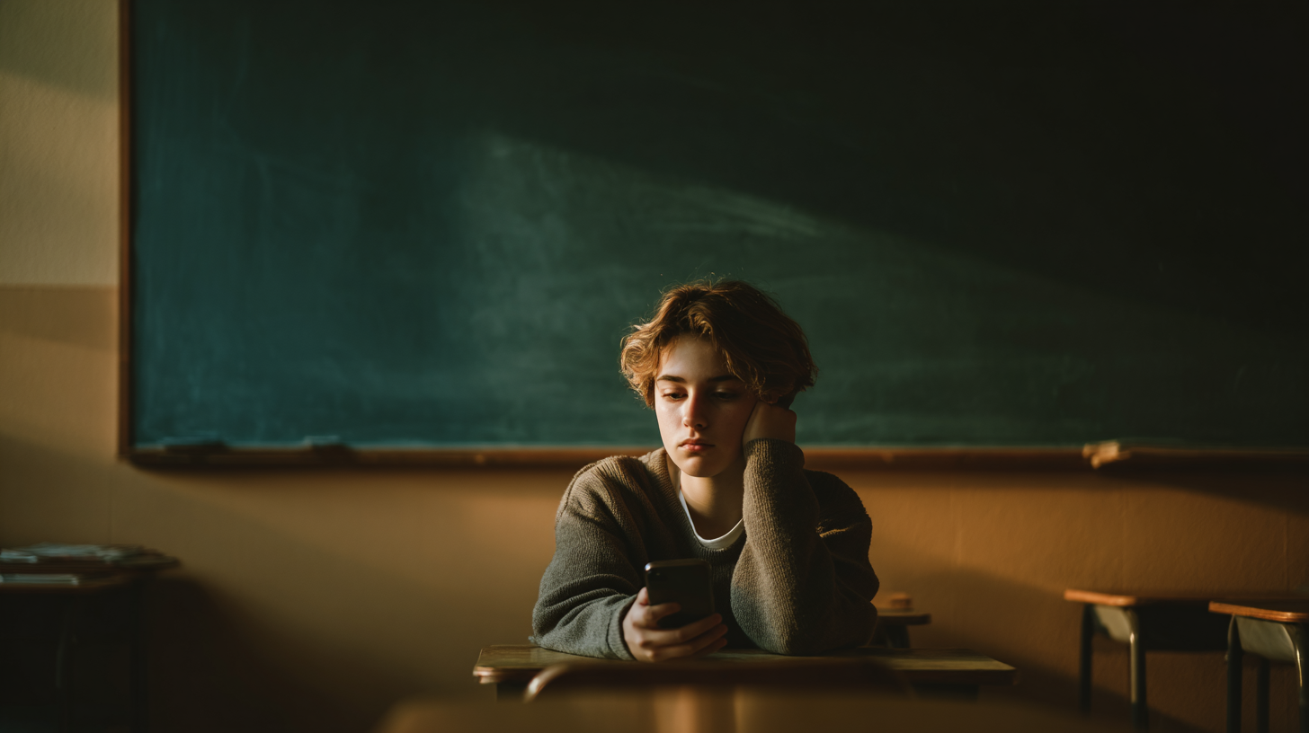 Jugendlicher allein am Schulpult mit Smartphone