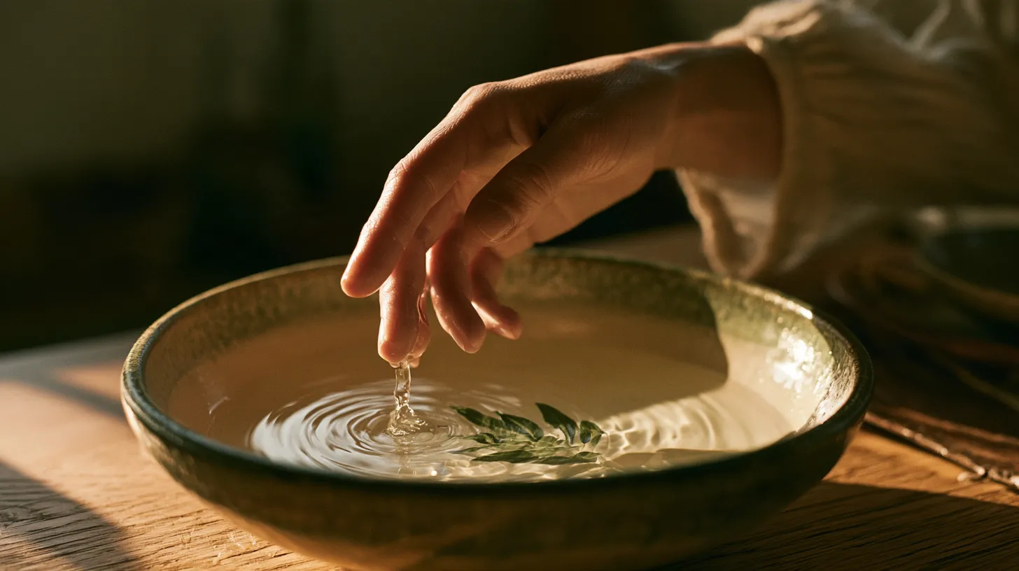 Eine Hand schwebt ruhig über einer Schale mit stillem Wasser, die letzten Wellen laufen aus – Sinnbild für den Raum zwischen Emotion und Reaktion