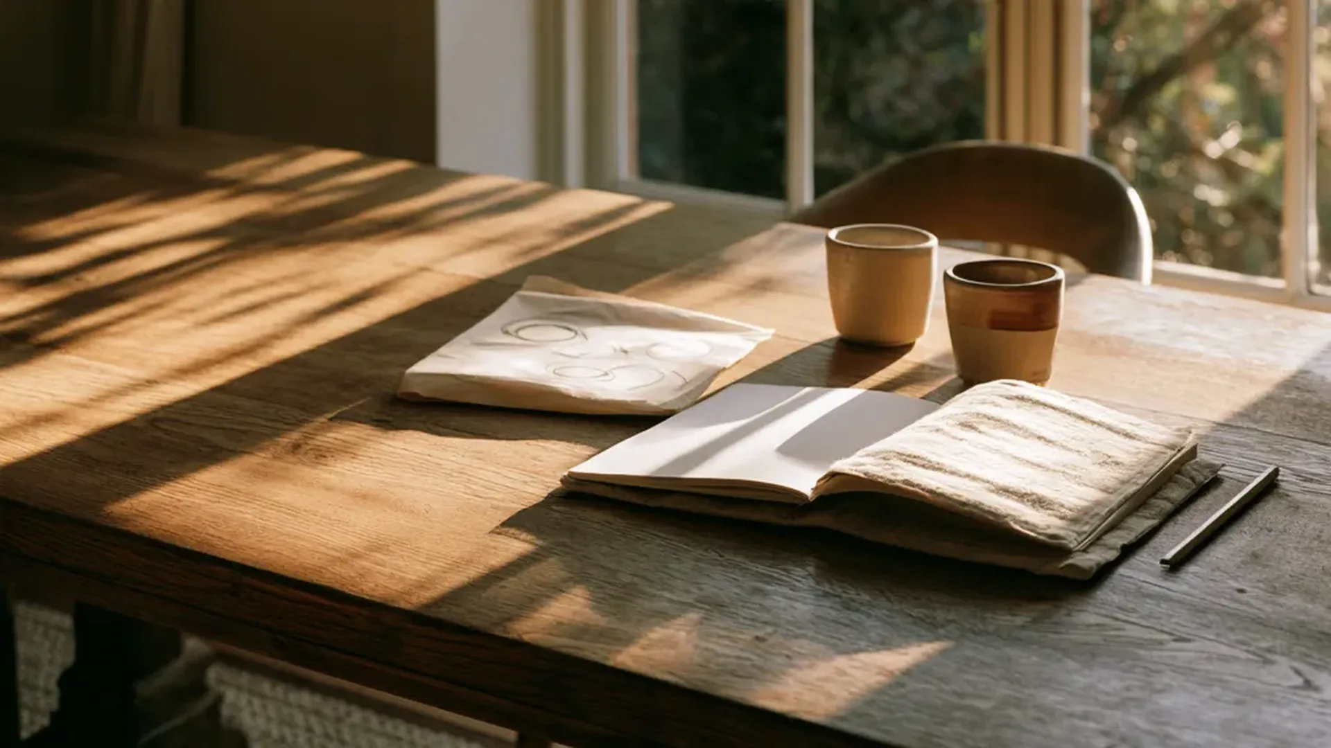 Eichentisch im warmen Morgenlicht mit offenem Notizbuch und zwei Tassen – eine Einladung zum Entdecken