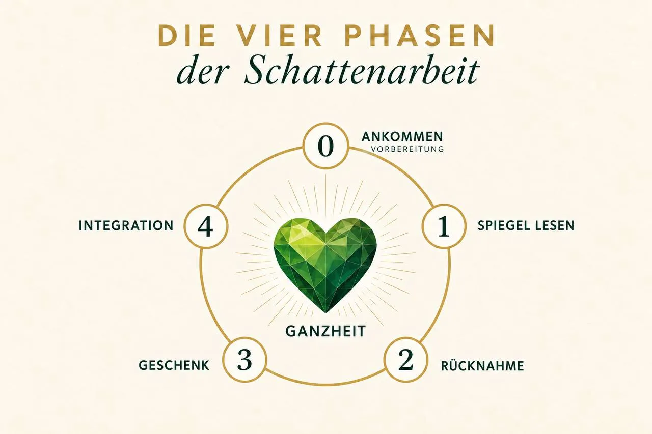 Kreisdiagramm der vier Phasen der Schattenarbeit mit Vorbereitung „Ankommen