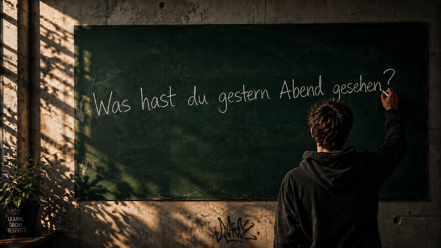 Schultafel mit Kreidefrage: Was hast du gestern Abend gesehen?