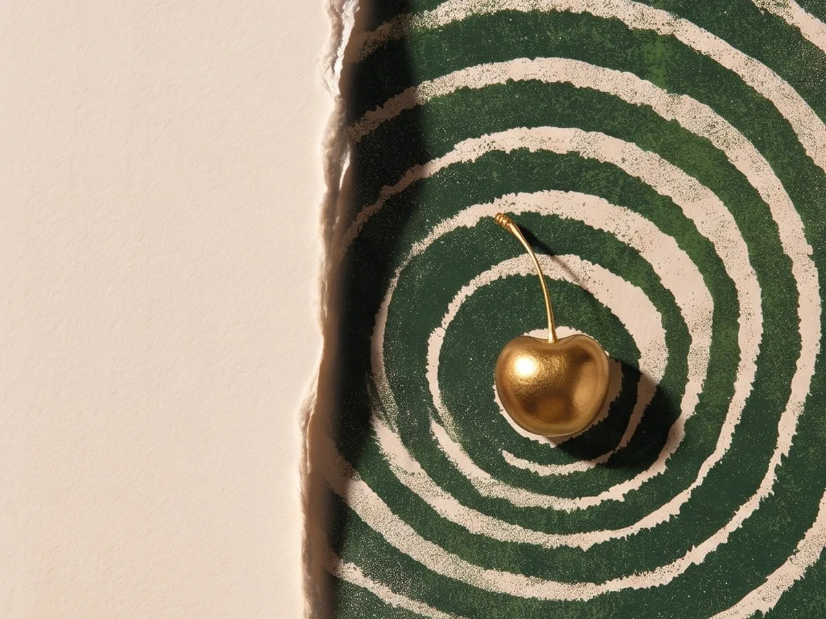 Dunkelgrüne Spirale mit einer goldenen Kirsche auf hellem Papier – Symbolbild zum sechsmonatigen Mentoring