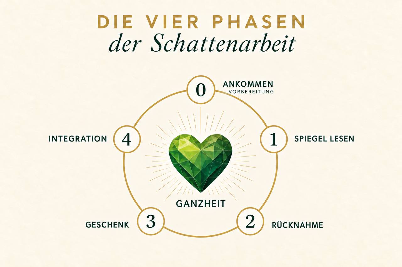 Kreisdiagramm der vier Phasen der Schattenarbeit mit Vorbereitung „Ankommen