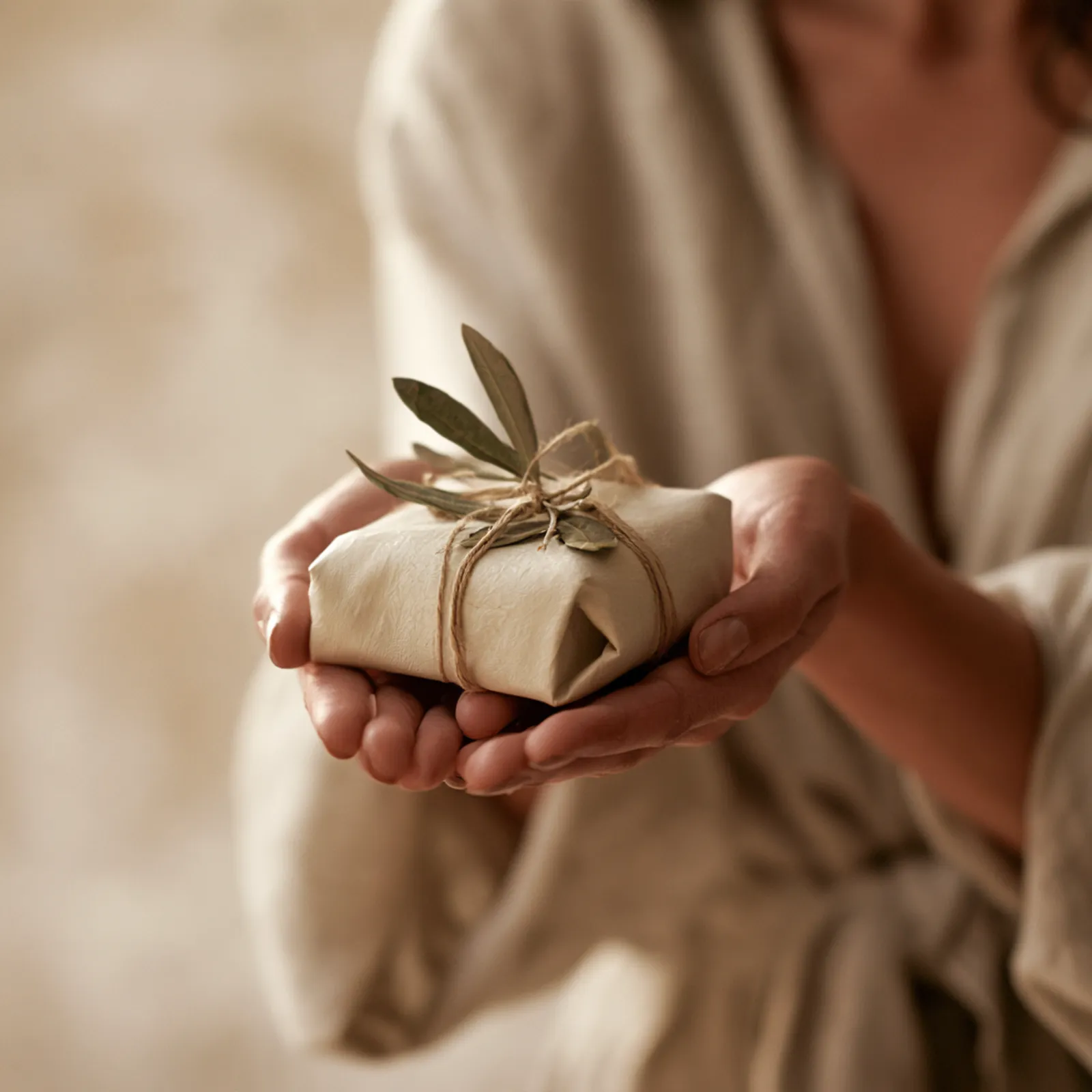 Hände halten behutsam ein in cremefarbenes Papier eingeschlagenes Geschenk mit Juteschnur und Olivenzweig – Sinnbild für kleine Werkzeuge, die Klarheit schenken.