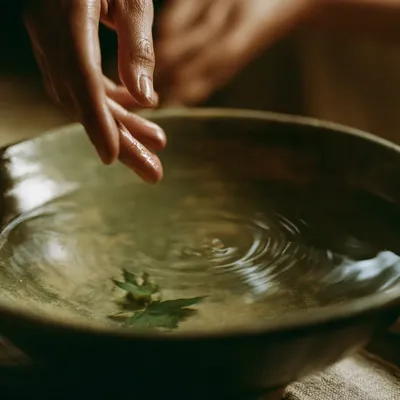 Fingerspitzen über stillem Wasser mit einem grünen Blatt – Check-in zur emotionalen Reife