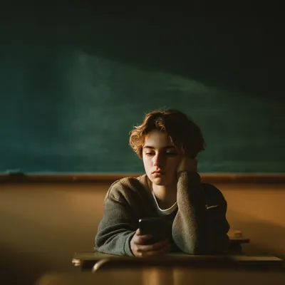 Jugendlicher allein am Schulpult mit Smartphone